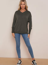 Women V-Neck Plain High Low Rib Knit Jumper