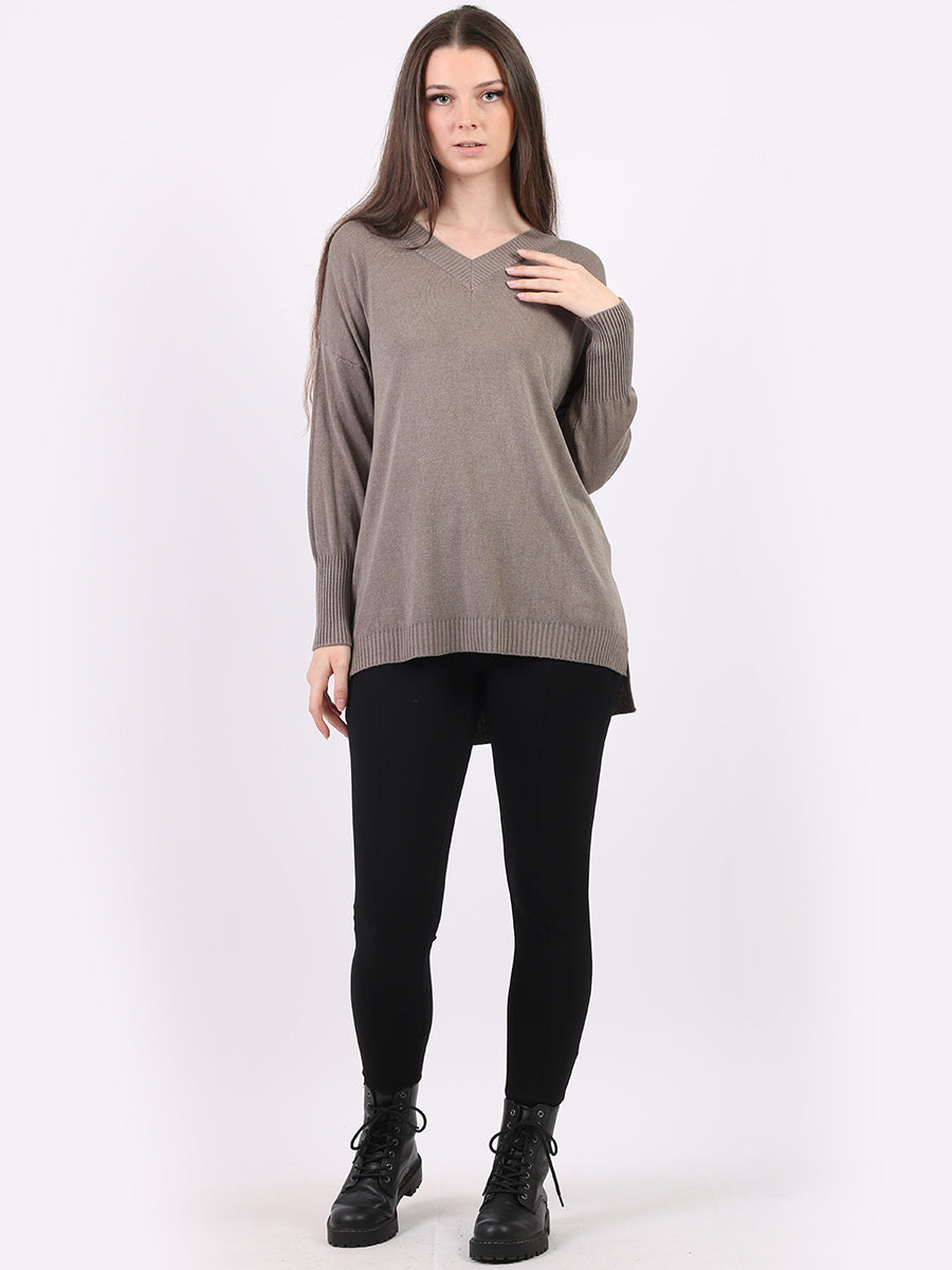 V-Neck Plain Ribbed Knitted Top