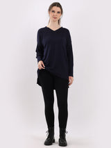 Women V-Neck Plain High Low Rib Knit Jumper