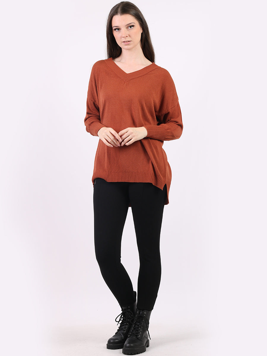 V-Neck Plain Ribbed Knitted Top