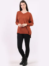 V-Neck Plain Ribbed Knitted Top