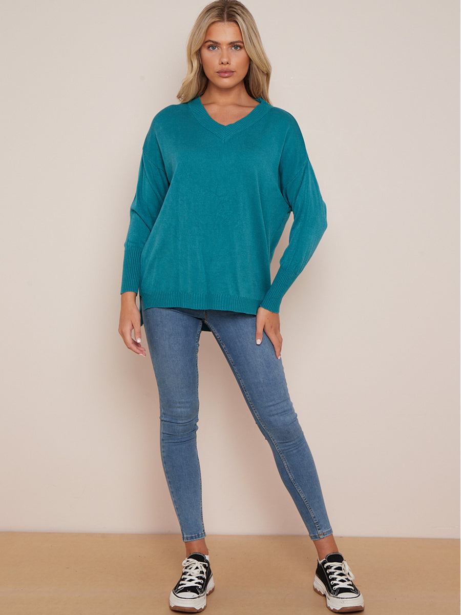 Women V-Neck Plain High Low Rib Knit Jumper