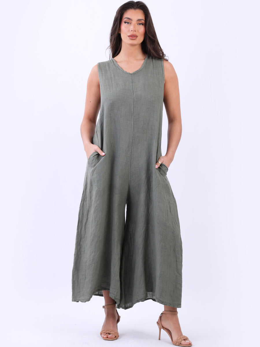 Plain Linen Wide Leg Ladies Sleeveless Jumpsuit