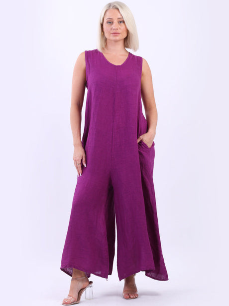 Plain Linen Wide Leg Ladies Sleeveless Jumpsuit