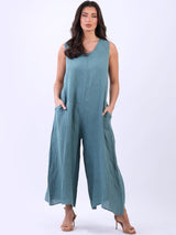 Plain Linen Wide Leg Ladies Sleeveless Jumpsuit