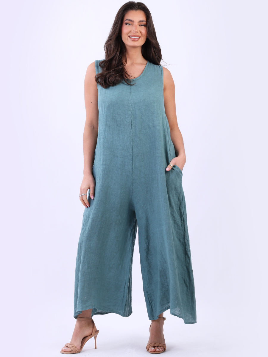 Plain Linen Wide Leg Ladies Sleeveless Jumpsuit