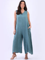 Plain Linen Wide Leg Ladies Sleeveless Jumpsuit