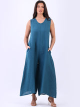 Plain Linen Wide Leg Ladies Sleeveless Jumpsuit