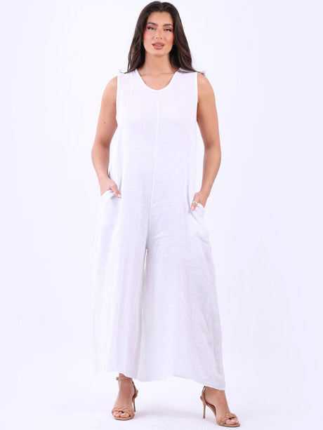 Plain Linen Wide Leg Ladies Sleeveless Jumpsuit