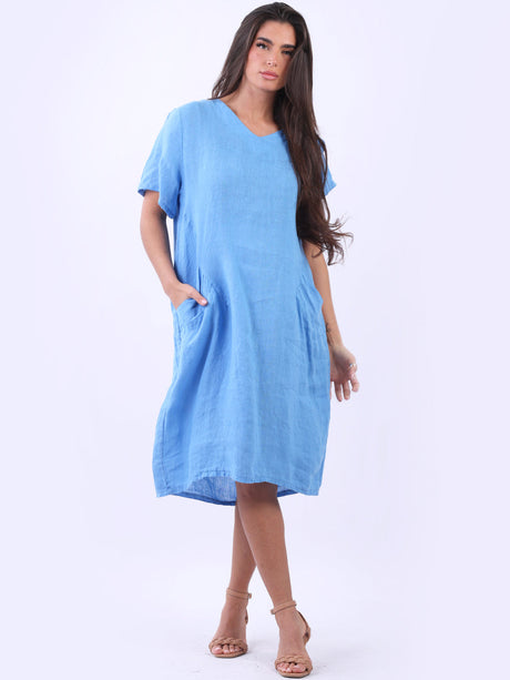 Ladies V-Neck Solid Linen Summer Midi Dress