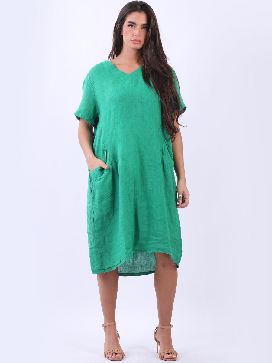 Ladies V-Neck Solid Linen Summer Midi Dress