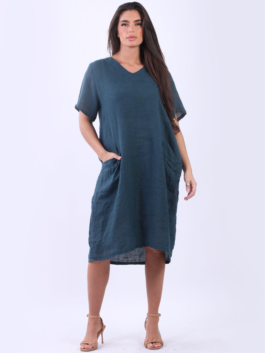 Ladies V-Neck Solid Linen Summer Midi Dress