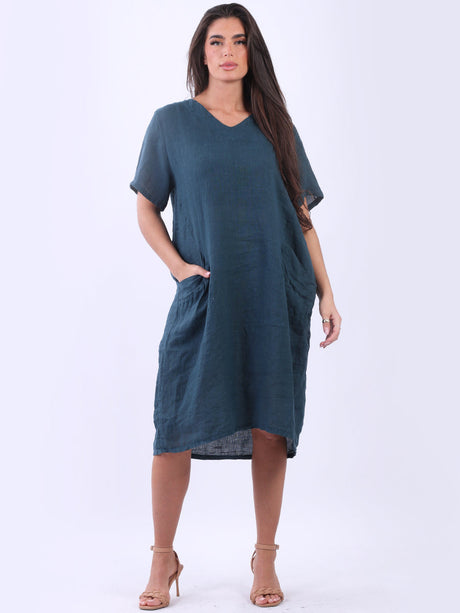 Ladies V-Neck Solid Linen Summer Midi Dress