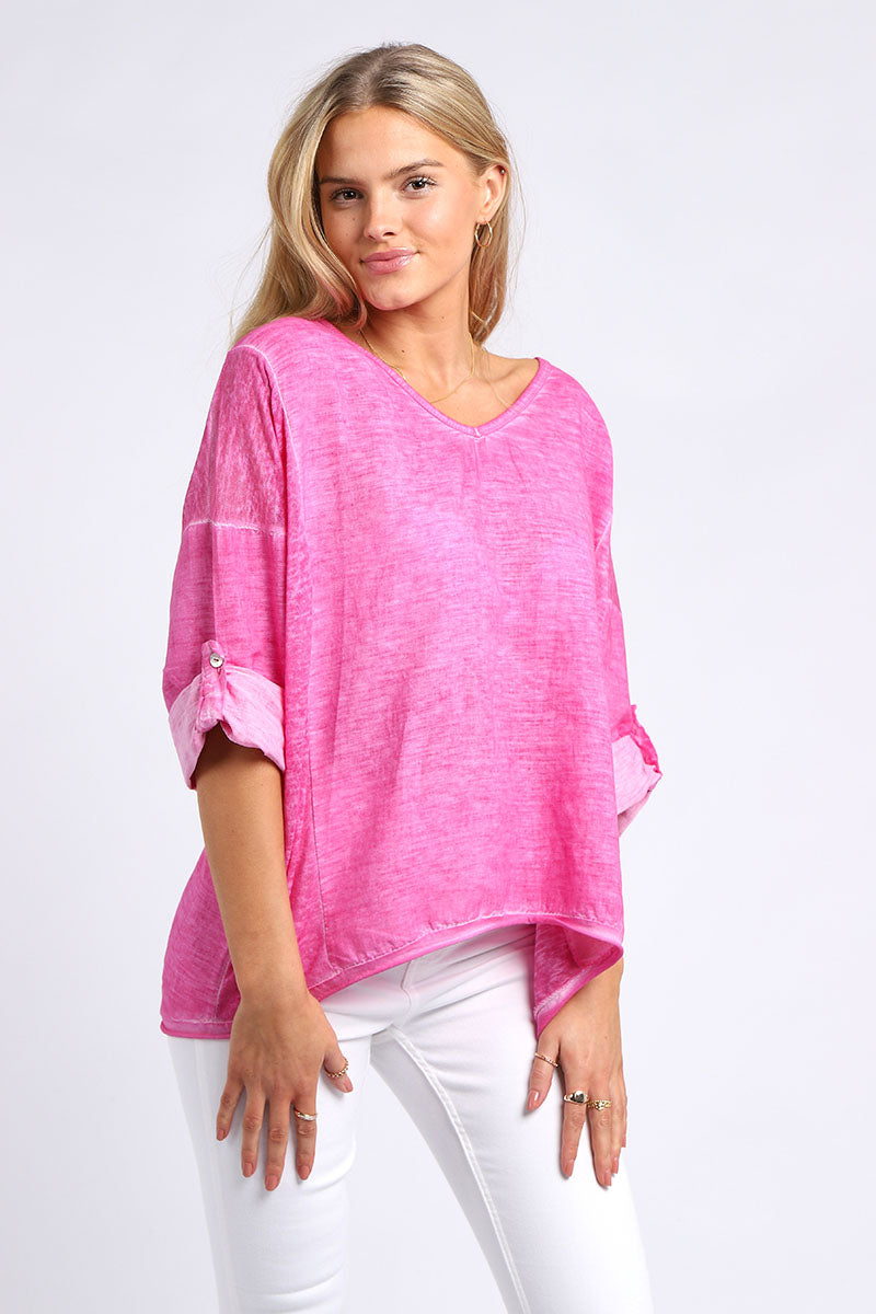 Ladies Vintage Wash V-Neck Linen Crop Top