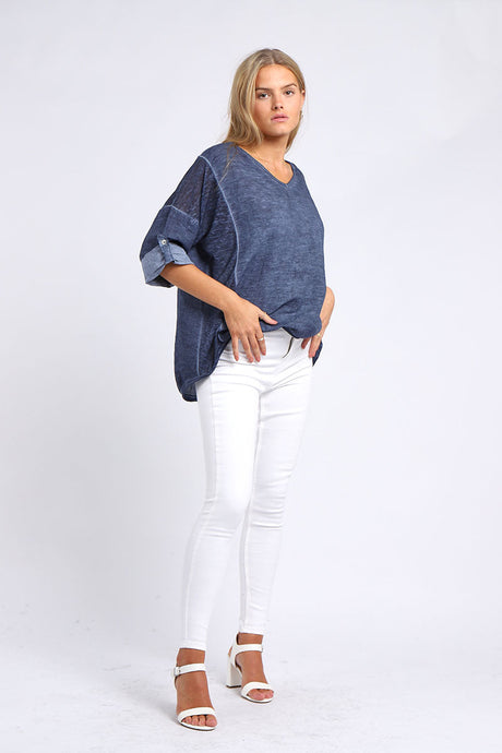 Ladies Vintage Wash V-Neck Linen Crop Top