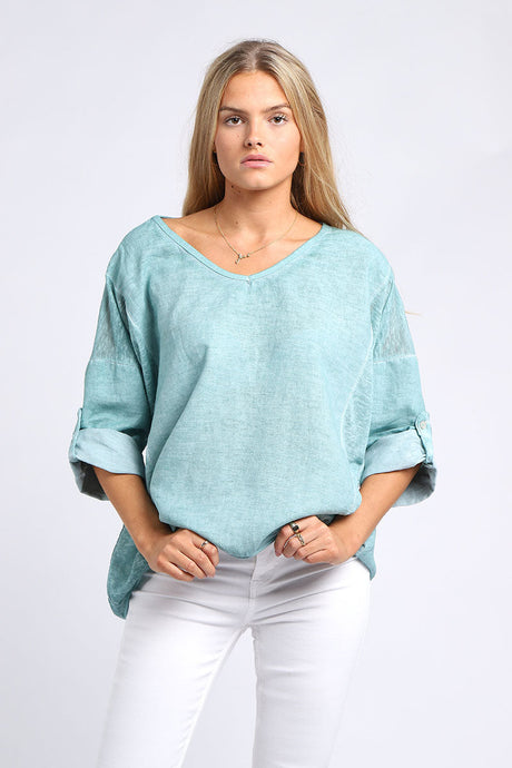 Ladies Vintage Wash V-Neck Linen Crop Top