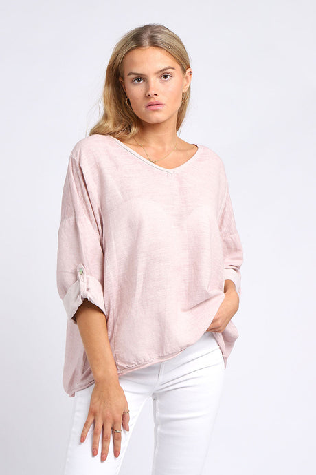 Ladies Vintage Wash V-Neck Linen Crop Top