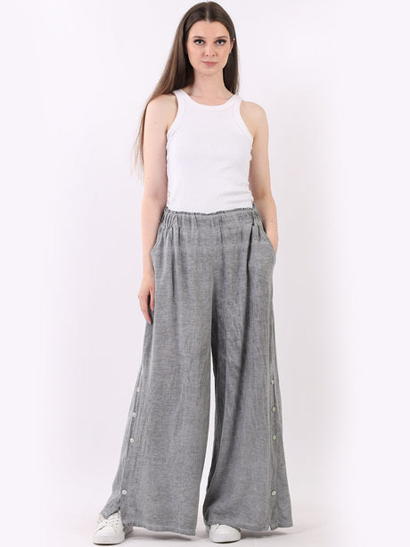 Wide Leg Buttoned Linen Trouser