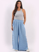 Plain Linen Wide Leg Buttons Detail Trouser