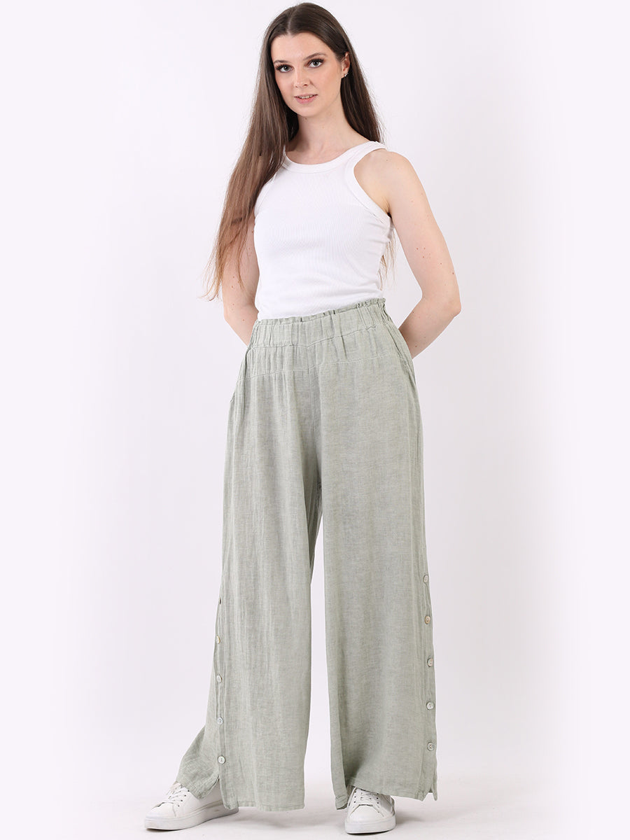 Wide Leg Buttoned Linen Trouser