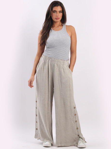 Wide Leg Buttoned Linen Trouser