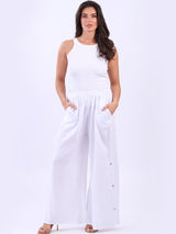 Plain Linen Wide Leg Buttons Detail Trouser