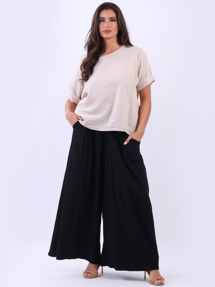 Solid Wide Leg Flared Cotton Palazzo Trouser Yayavoo UK