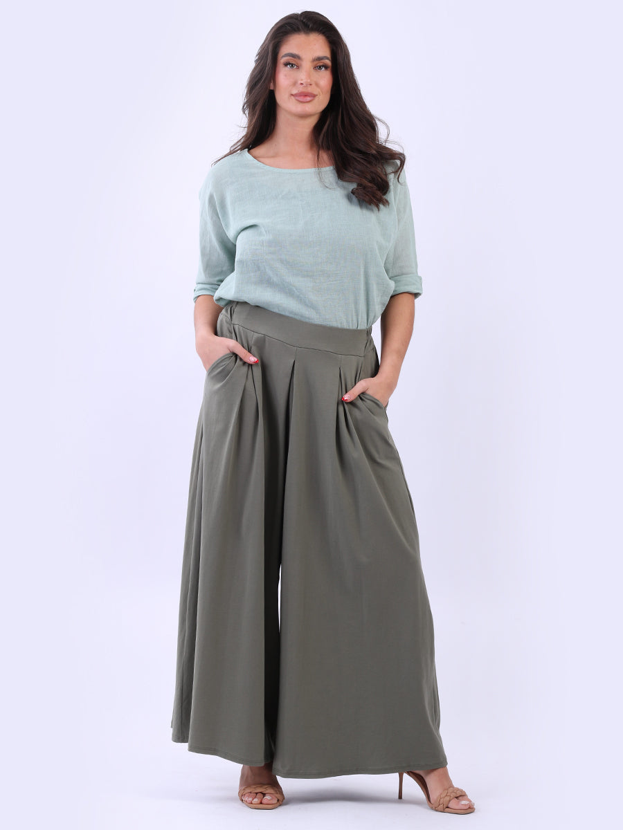 Solid Wide Leg Flared Cotton Palazzo Trouser