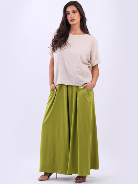 Solid Wide Leg Flared Cotton Palazzo Trouser