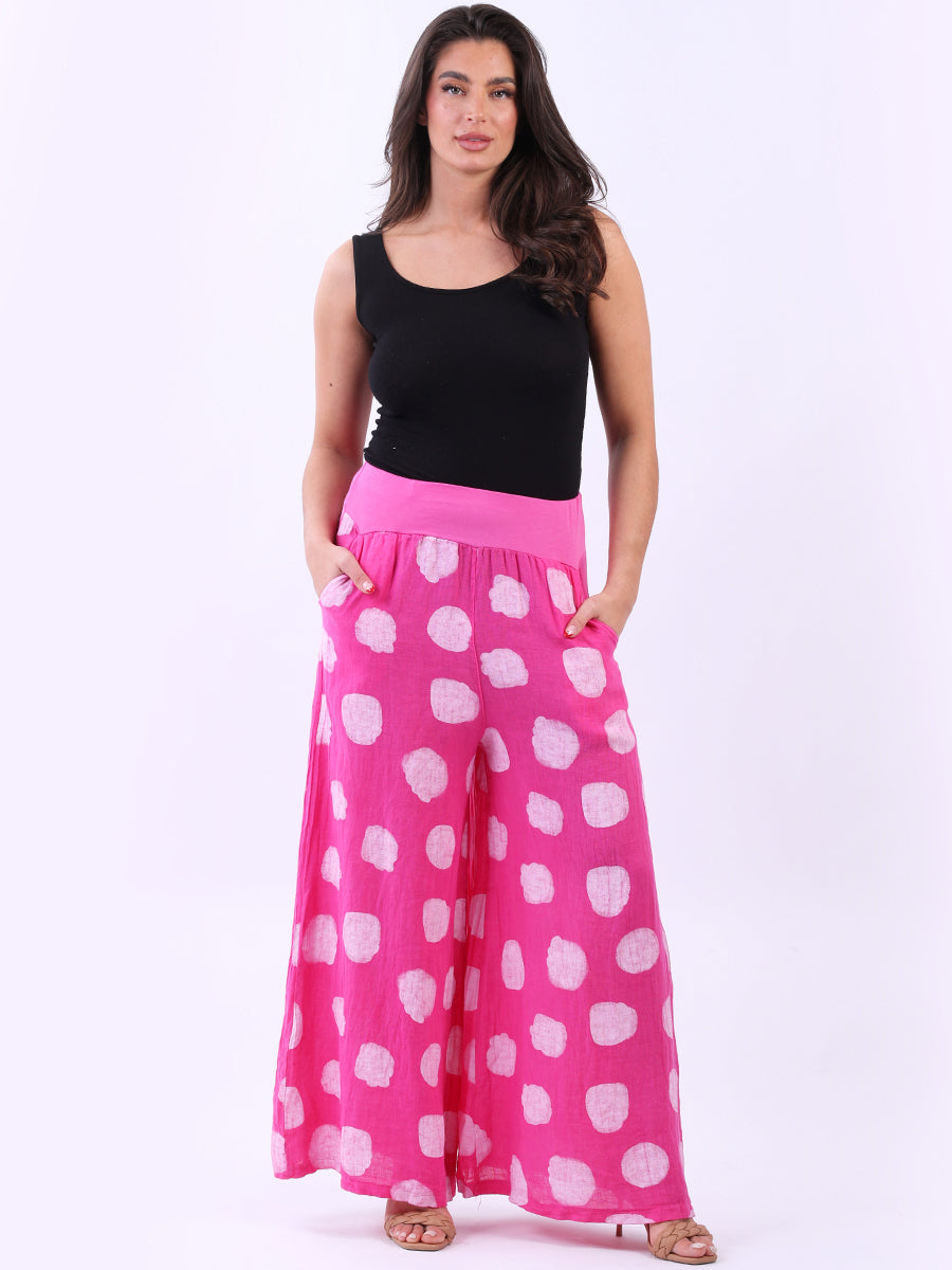 Ladies Polka Dot Print Wide Leg Linen Palazzo Pant