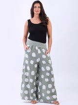 Ladies Polka Dot Print Wide Leg Linen Palazzo Pant