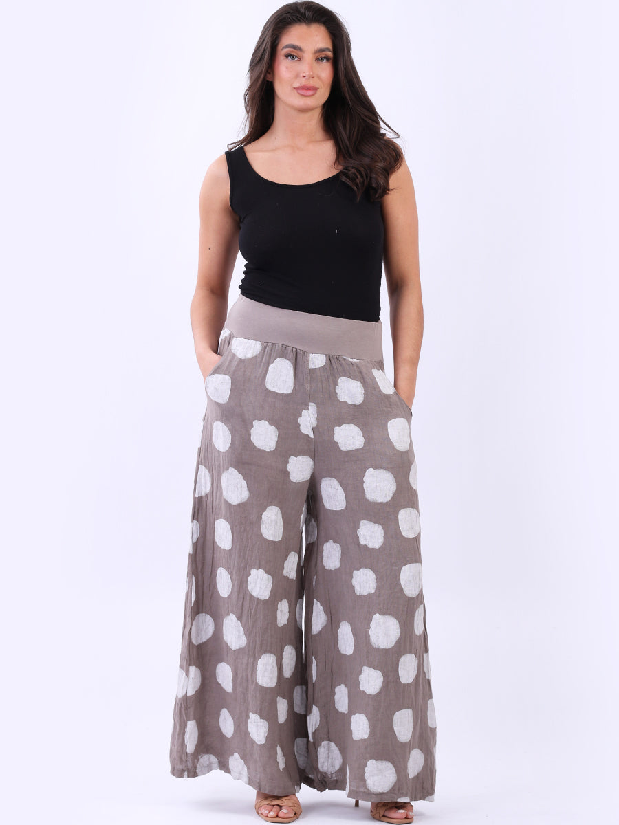 Ladies Polka Dot Print Wide Leg Linen Palazzo Pant