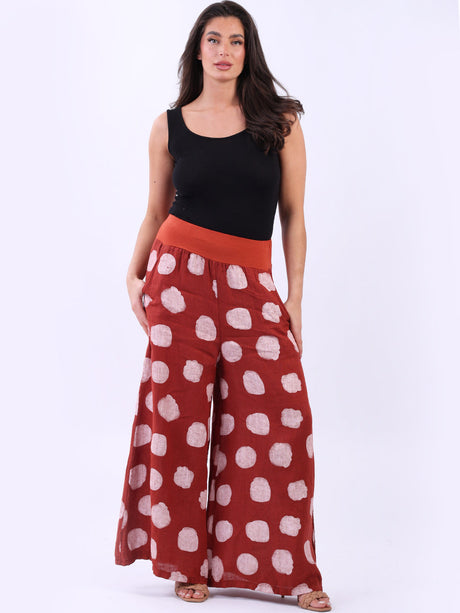 Ladies Polka Dot Print Wide Leg Linen Palazzo Pant