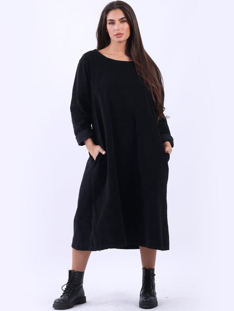 Solid Plus Size Cotton Lagenlook Corduroy Midi Dress