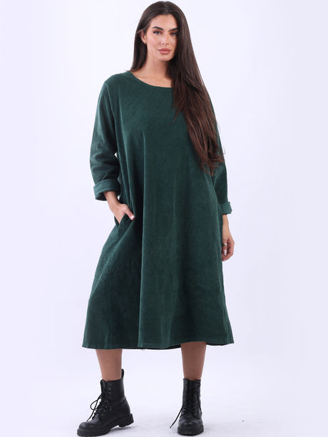 Solid Plus Size Cotton Lagenlook Corduroy Midi Dress