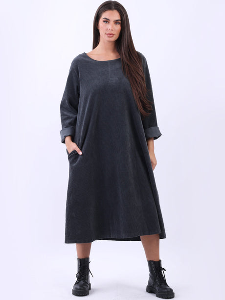 Solid Plus Size Cotton Lagenlook Corduroy Midi Dress