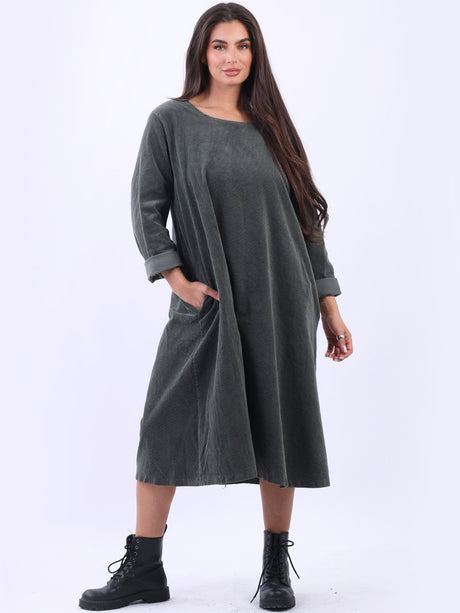 Solid Plus Size Cotton Lagenlook Corduroy Midi Dress