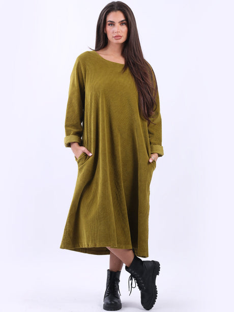 Solid Plus Size Cotton Lagenlook Corduroy Midi Dress