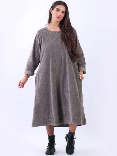 Solid Plus Size Cotton Lagenlook Corduroy Midi Dress