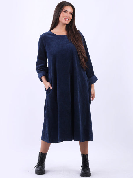 Solid Plus Size Cotton Lagenlook Corduroy Midi Dress