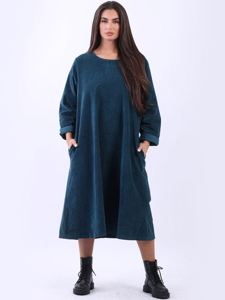 Solid Plus Size Cotton Lagenlook Corduroy Midi Dress