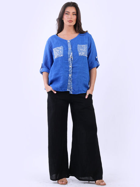 Button Down Linen Sparkle Sequin Top