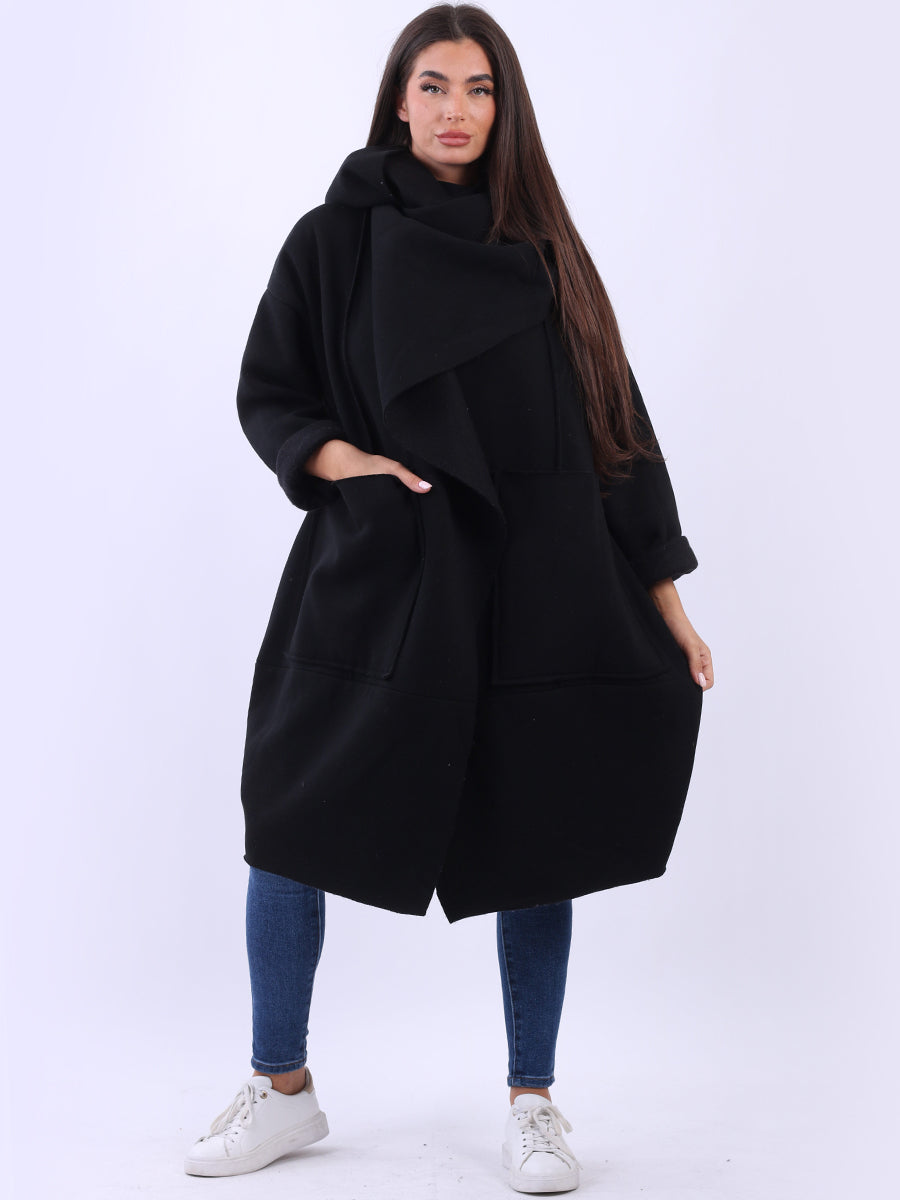 Italian Wrap Cowl Neck Cotton Ladies Oversized Coat Black One Size UK 14 20