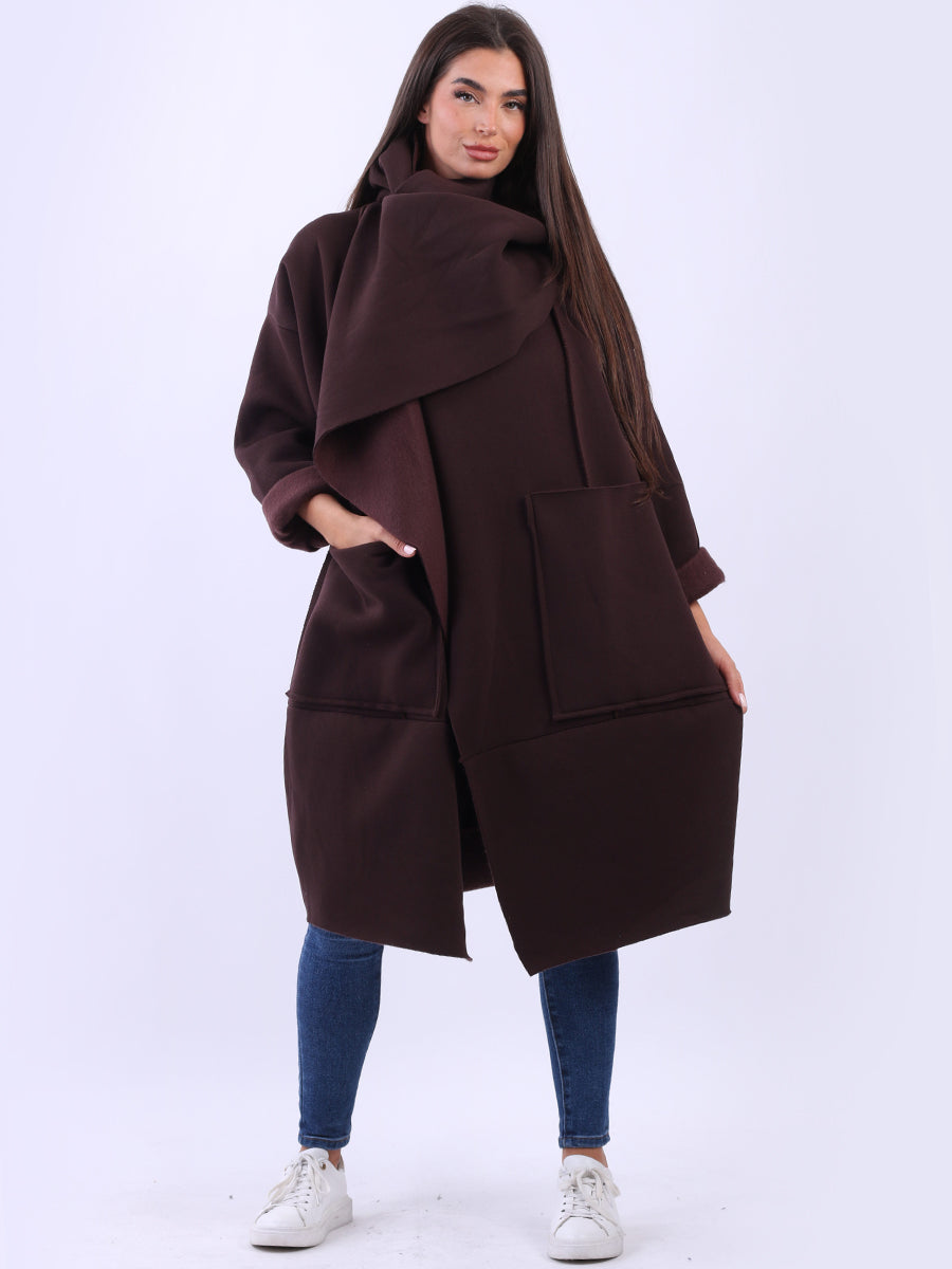 Italian Wrap Cowl Neck Cotton Ladies Oversized Coat Chocolate One Size UK 14 20