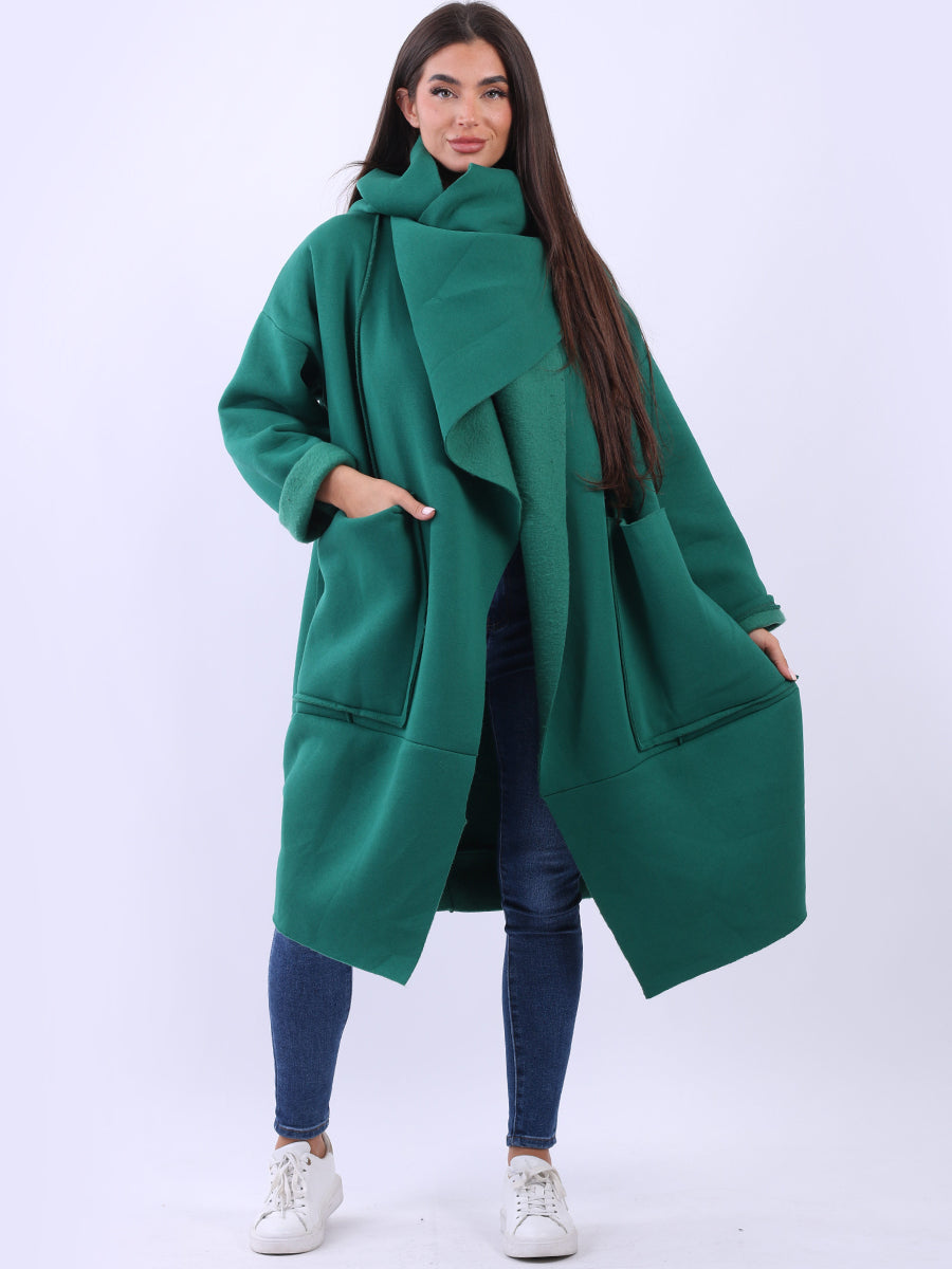 Italian Wrap Cowl Neck Cotton Ladies Oversized Coat Green One Size UK 14 20