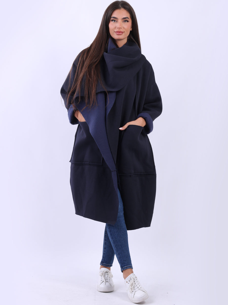 Italian Wrap Cowl Neck Cotton Ladies Oversized Coat Navy One Size UK 14 20