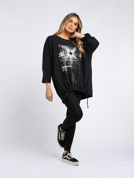 Abstract Star Drawstring Hem Oversized Top