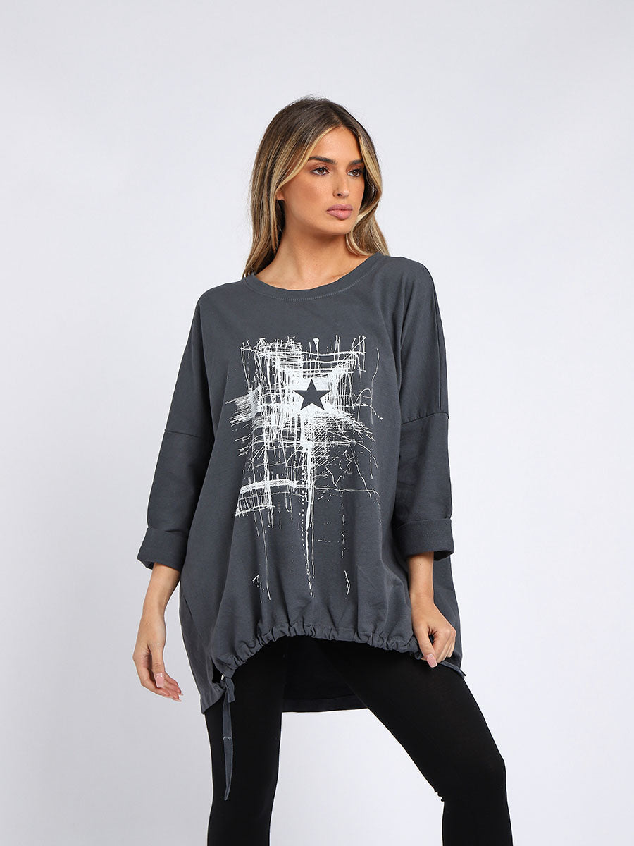 Abstract Star Drawstring Hem Oversized Top