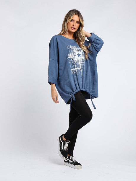 Abstract Star Drawstring Hem Oversized Top