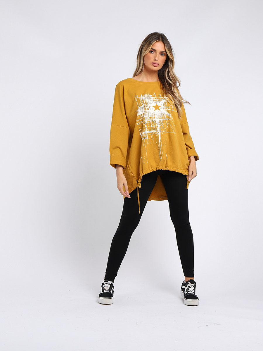 Abstract Star Drawstring Hem Oversized Top